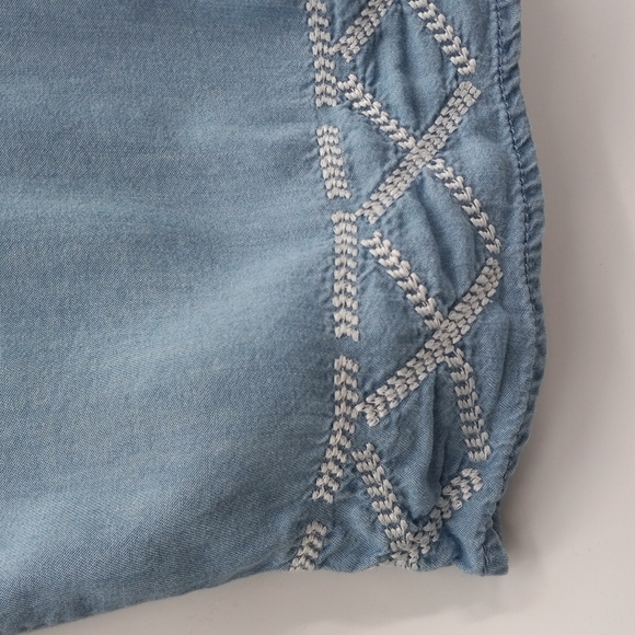 Chambray Ombre Tiered Sleeves Dress Off Shoulder Embroidered Hem by C Est. 1946 - Picture 5 of 10